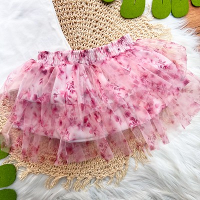 Conj. Blusa com Mini Brasão e Short Saia Floral em Tule - Off White e Rose